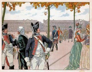 Joachim Murat (1767-1815) e Bessieres em Paris, em 1791, vestindo o traje da guarda constitucional do rei. Gravura de Jacques Marie Gaston Onfray de Breville dit Job (1858-1931)