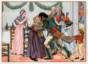 Joachim Murat (1767-1815) beija sua mãe na pousada da família. Gravura de Jacques Marie Gaston Onfray de Breville dit Job (1858-1931)