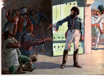 Joachim Murat (1767-1815), dechu rei de Nápoles, prisioneiro na fortaleza do porto de Pizzo, distribuiu seu dinheiro a bandidos cativos com ele em 1815. Gravura de Jacques Marie Gaston Onfray de Breville dit Job (1858-1931)