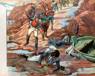 Joachim Murat (1767-1815), dechu rei de Nápoles, feito prisioneiro em Pizzo, na Calábria, pela multidão hostil em 1815. Gravura de Jacques Marie Gaston Onfray de Breville dit Job (1858-1931)
