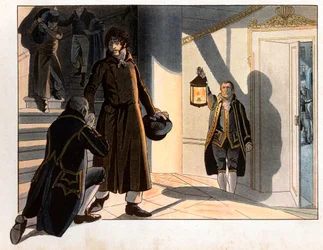 Joachim Murat (1767-1815) fugiu de seu palácio em Nápoles na noite de 19 para 20 de maio de 1815 para retornar à França após sua derrota para os austríacos. Gravura de Jacques Marie Gaston Onfray de Breville dit Job (1858-1931)