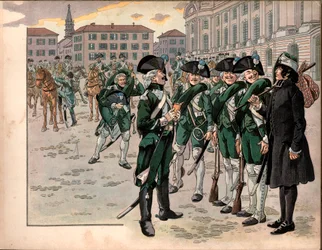Joachim Murat (1767-1815) juntou-se ao Regimento de Caçadores das Ardenas em 1787. Gravura de Jacques Marie Gaston Onfray de Breville dit Job (1858-1931)