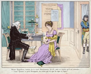 Josefina e o notário - Maitre Raguideau, notário da viúva Beauharnais, disse-lhe: Ye! casa com este pequeno Bonaparte - Mestre Raguidea e Josefina - (Tu! casa com este pequeno Bonaparte) - litografia de Job (Jacques Onfroy de Breville) de "Le Gran