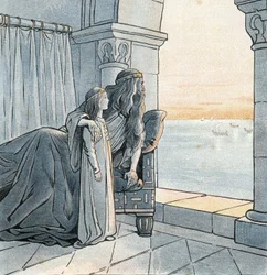 O rei Carlos Magno (Carlos I chamou Carlos o Grande, 742-814) observa a chegada dos drakkars Viking ao Sena no século IX. em "França, sua história contada por G. Montorgueil, imagem de Jó" 1896. Coleção particular.