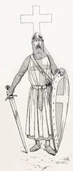 Cavaleiro de Luís IX conhecido como Saint Louis (1214-1270) em traje de cruzada. Ilustração de Job (Jacques Marie Gaston Onfray e Breville) (Jacques-Marie) (1858-1931) para o livro "Les grands mots historiques du pays de France" 1915. Coleção Privee.