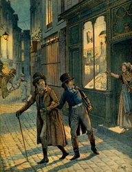 Louis Antoine Fauvelet de Bourrienne (1769-1834) e Napoleão I Bonaparte (1769-1821) nas ruas de Paris incógnito. Ilustração de Jacques Marie Gaston Onfray de Breville dit JOB (1858-1931). Coleção Particular