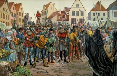 Mary of Burgundy (1457-1482), Duquesa de Borgonha reclamou clemência para seus conselheiros em 1477. Ilustração de Jacques Marie Gaston Onfray de Breville dit JOB (1858-1931) em "Louis XI".