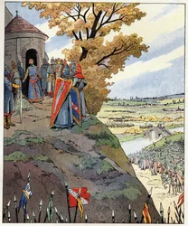 A minha coroa às corajosas palavras do Rei Filipe II disse Philip Augustus (1165-1223) aos senhores antes da vitória da Batalha de Bouvines em 27 de julho
