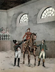 Napoleão I Bonaparte (1729-1821) assistiu às aulas de equitação da impressionada Marie Louise da Áustria (1791-1847). Em "Napoleon", de Georges Montorgueil. Ilustração de Jacques Marie Gaston Onfray de Breville dit JOB (1858-1931)