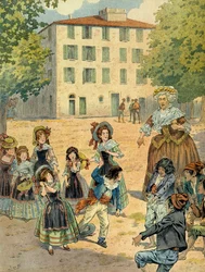 Napoleão I Bonaparte (1769-1821), em Ajaccio, foi repreendido pela sua governanta. Esta é a casa onde Bonaparte está apenas a 15 de Agosto de 1769. Ilustração de Jacques Marie Gaston Onfray de Breville dit JOB (1858-1931)