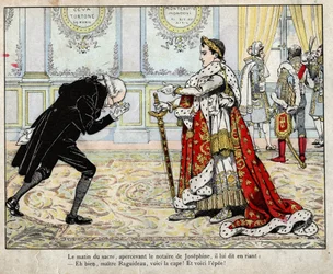 Napoleão e o notário Raguideau, manhã da coroação, 1804 - litografia de Job (Jacques Onfroy de Bréville) de «Le Grand Napoléon des Petits Enfants», 1893