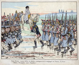 Napoleão olha para o último contingente do exército na zona rural francesa perto de Reims, 16 de março