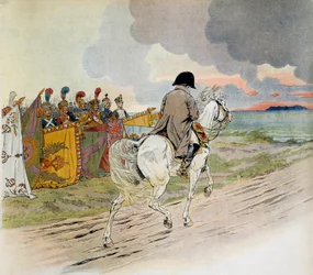 Napoleão passa em frente às suas tropas a cavalo quando partiu no Exílio, na ilha de Elba. Ilustração de Jacques Marie Gaston Onfray de Breville dit JOB (1858-1931). Coleção Particular