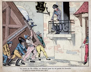 Napoleão reunindo seus soldados em Grenoble no seu retorno da ilha de Elba - A cidade de Grenoble abre suas portas para Napoleão no seu retorno do exílio em Elba, 7 de março de 1815 - litografia de Jó (Jacques Onfroy de Breville) do "Le Grand Napoleon des 