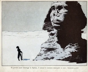 Napoleão a estudar a Esfinge no Egito - litografia de Job (Jacques Onfroy de Bréville) de „Le Grand Napoleon des Petites Enfants“, 1893