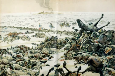 Campanha da Prússia e Polônia (1806-1807): no dia seguinte à vitória de Eylau, Napoleão I Bonaparte (1769-1821) visitou o campo de batalha e as numerosas derrotas no terreno em 9 de fevereiro