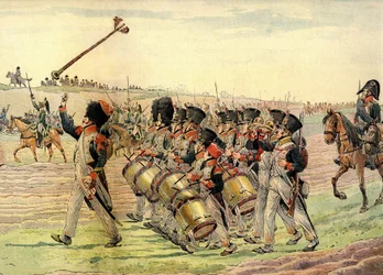 Regimento do exército napoleónico a marchar para a batalha ao som da música, c. 1900