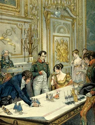 Ensaio do desfile durante a coroação pelo pintor Isabey (1767-1855), na presença de Josefina de Beauharnais (1763-1814) e Napoleão I Bonaparte (1769-1821), no Palácio de Fontainebleau. Ilustração de Jacques Marie Gaston Onfray de Bréville