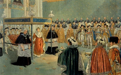 Representação da coroação de Napoleão I (1769-1821) na Catedral de Notre-Dame de Paris em 02/12/1804. Ilustração de Jacques Marie Gaston Onfray de Bréville, conhecido como Job (1858-1931). Coleção particular