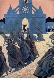 Cena da história da França nos brinquedos: La Saint Barthelemy (Saint-Barthelemy). Um monge toca o tocsin da igreja Saint Germain l