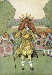 Cena da história da França nos brinquedos: Retrato do Rei de França Luís XIV (1638-1715) disse o Rei Sol nos jardins de Versalhes com a sua corte puxando reverência. Em "Joujoux a l