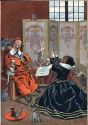 Cena da história da França nos brinquedos: mulher implorando o perdão do Cardeal Richelieu (1585-1642) rodeada de gatos. Em "Joujoux a l