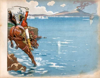 Os ingleses cavalgaram nas costas do seu estado, e enquanto cavalgavam à beira-mar, Joachim Murat (1767-1815), rei de Nápoles, viu uma fragata inglesa, empurrou o seu cavalo para a água e carregou. Gravura de Jacques Marie Gaston Onfray de Breville