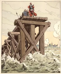 O nevoeiro é muito grande na França, mas o sol vai dissipar as palavras de Armand Jean du Plessis, cardeal de Richelieu (1585-1642) com na mão um Quinte-Curce (Quinte-Curce) sobre a barragem construída para a sede de La Rochelle em 1628. Ilustração de Jó (
