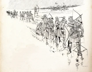 A chuva coloca os arqueiros do exército do rei francês Filipe VI dit Philippe de Valois (1293-1350) fora de batalha molhando as cordas dos arcos durante a Batalha de Crecy em 1346, no início da Guerra dos Cem Anos. Ilustração de Jó (Jacques