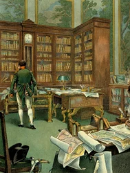 Gabinete de trabalho de Napoleão I Bonaparte (1769-1821) no primeiro andar do Palais des Tuileries, quando era Primeiro Cônsul. Secretária com biblioteca e relógio em madeira. Ilustração de Jacques Marie Gaston Onfray de Breville, dito JOB (1858-1931).