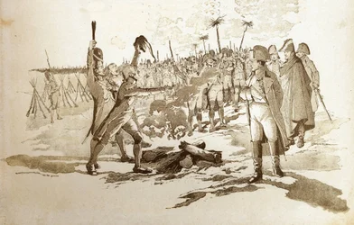 Você não precisará se expor, nós lhe traremos as bandeiras e cânones de um granadeiro antes da batalha de Austerlitz quando Napoleão I Bonaparte (1769-1821) visitou os bivouacs. Ilustração de Jó (Jacques Marie Gaston Onfray e Breville) (Jacques-