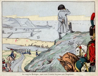 Projeto de ataque da Inglaterra pelo exército inglês liderado por Napoleão do campo de Boulogne-sur-Mer em março de 1803 - litografia de Job