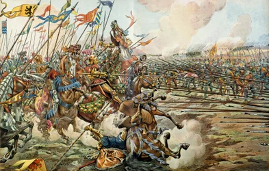 A batalha do neto entre os borgonheses e os suíços em neto, na Suíça, em 2 de março de 1476. Ilustração de Jacques Marie Gaston Onfray de Breville disse JOB