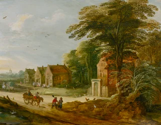 Viajantes que passam por uma aldeia, finais do século XVI ou princípios do século XVII.