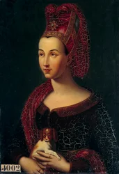 Retrato de Margarida de Flandres, Duquesa da Borgonha (1350-1405) - Cabeça com liripion - Pintura de Vincent Nicolas Raverat (1801-1865) (ec.fr.) Século XIX Sol. 0,43x0,3m