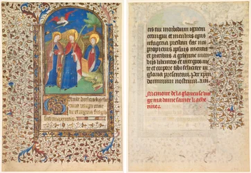 Folha de um livro de horas: Sts. Geneviève, Catherine de Alexandria e Margaret (reto) e Texto (verso)